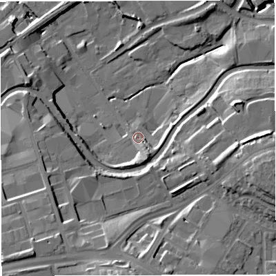 Shaded relief map of the ground around BB13EU, computed from Environment Agency LiDAR. The ground here sits at about 125 m above sea level and falls 28 m across the surrounding 800 m. Surface water reaching this point runs off ground lying to the south-south-east, 5.5 m higher.