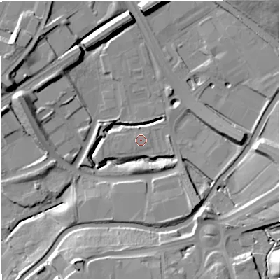 Shaded relief map of the ground around BB13HP, computed from Environment Agency LiDAR. The ground here sits at about 127 m above sea level and falls 19 m across the surrounding 800 m. The ground contributing surface water to this point lies to the west.