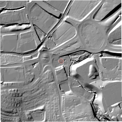 Shaded relief map of the ground around BB13HR, computed from Environment Agency LiDAR. The ground here sits at about 129 m above sea level and falls 34 m across the surrounding 800 m. Surface water reaching this point runs off ground lying to the south-east, 26.2 m higher.