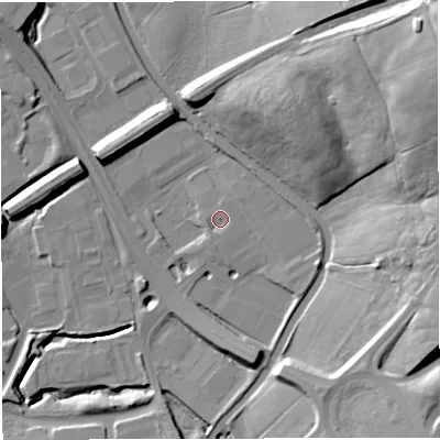 Shaded relief map of the ground around BB13HT, computed from Environment Agency LiDAR. The ground here sits at about 127 m above sea level and falls 30 m across the surrounding 800 m. Surface water reaching this point runs off ground lying to the south-south-east, 1.3 m higher.