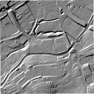 Shaded relief map of the ground around BB13HU, computed from Environment Agency LiDAR. The ground here sits at about 128 m above sea level and falls 22 m across the surrounding 800 m. The ground contributing surface water to this point lies to the south.