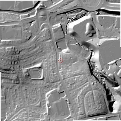 Shaded relief map of the ground around BB13HY, computed from Environment Agency LiDAR. The ground here sits at about 139 m above sea level and falls 30 m across the surrounding 800 m. Surface water reaching this point runs off ground lying to the south-east, 18.1 m higher.