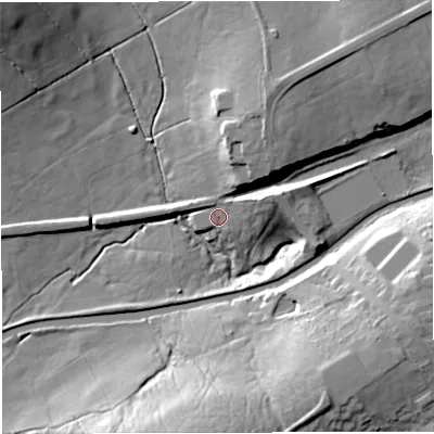 Shaded relief map of the ground around BB14AL, computed from Environment Agency LiDAR. The ground here sits at about 127 m above sea level and falls 27 m across the surrounding 800 m. Surface water reaching this point runs off ground lying to the north-east, 14.2 m higher.