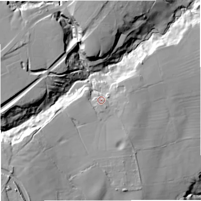Shaded relief map of the ground around BB14AN, computed from Environment Agency LiDAR. The ground here sits at about 114 m above sea level and falls 41 m across the surrounding 800 m. Surface water reaching this point runs off ground lying to the east-south-east, 6.5 m higher.