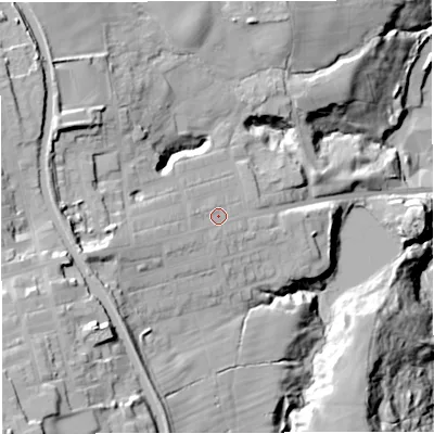 Shaded relief map of the ground around BB14ND, computed from Environment Agency LiDAR. The ground here sits at about 116 m above sea level and falls 57 m across the surrounding 800 m. Surface water reaching this point runs off ground lying to the west-south-west, 13.0 m higher.