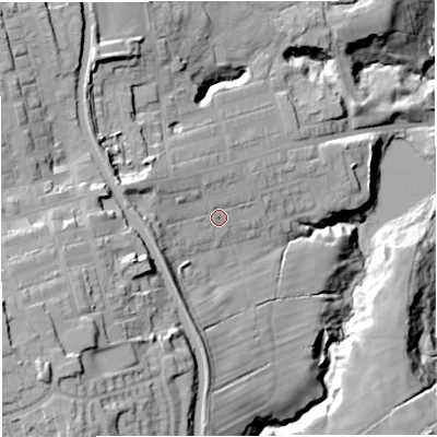 Shaded relief map of the ground around BB14NR, computed from Environment Agency LiDAR. The ground here sits at about 119 m above sea level and falls 55 m across the surrounding 800 m. Surface water reaching this point runs off ground lying to the west-north-west, 12.1 m higher.
