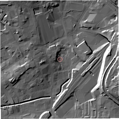 Shaded relief map of the ground around BB15AA, computed from Environment Agency LiDAR. The ground here sits at about 108 m above sea level and falls 34 m across the surrounding 800 m. Surface water reaching this point runs off ground lying to the east, 24.0 m higher.
