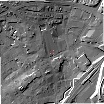 Shaded relief map of the ground around BB15AF, computed from Environment Agency LiDAR. The ground here sits at about 110 m above sea level and falls 27 m across the surrounding 800 m. Surface water reaching this point runs off ground lying to the west-north-west, 6.7 m higher.