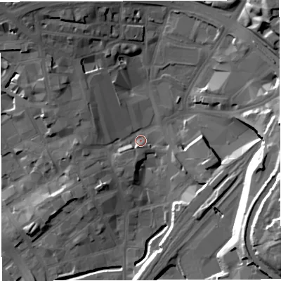 Shaded relief map of the ground around BB15AL, computed from Environment Agency LiDAR. The ground here sits at about 109 m above sea level and falls 32 m across the surrounding 800 m. Surface water reaching this point runs off ground lying to the west-south-west, 6.1 m higher.