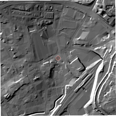 Shaded relief map of the ground around BB15AS, computed from Environment Agency LiDAR. The ground here sits at about 108 m above sea level and falls 34 m across the surrounding 800 m. Surface water reaching this point runs off ground lying to the east-south-east, 25.2 m higher.