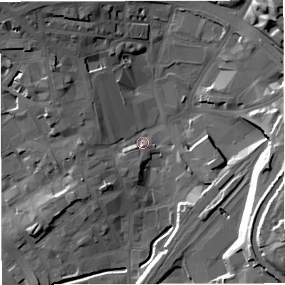 Shaded relief map of the ground around BB15AW, computed from Environment Agency LiDAR. The ground here sits at about 109 m above sea level and falls 32 m across the surrounding 800 m. Surface water reaching this point runs off ground lying to the west-south-west, 6.1 m higher.