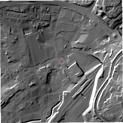 Shaded relief map of the ground around BB15AX, computed from Environment Agency LiDAR. The ground here sits at about 109 m above sea level and falls 35 m across the surrounding 800 m. Surface water reaching this point runs off ground lying to the east-south-east, 29.0 m higher.