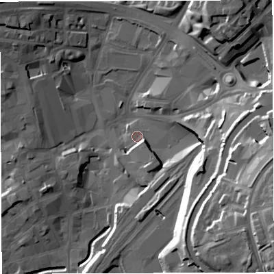 Shaded relief map of the ground around BB15AZ, computed from Environment Agency LiDAR. The ground here sits at about 110 m above sea level and falls 39 m across the surrounding 800 m. Surface water reaching this point runs off ground lying to the east-south-east, 28.8 m higher.