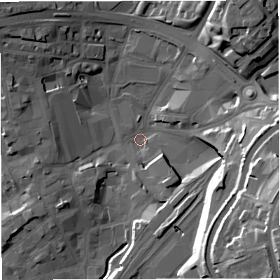 Shaded relief map of the ground around BB15BD, computed from Environment Agency LiDAR. The ground here sits at about 108 m above sea level and falls 36 m across the surrounding 800 m. Surface water reaching this point runs off ground lying to the east-south-east, 30.6 m higher.