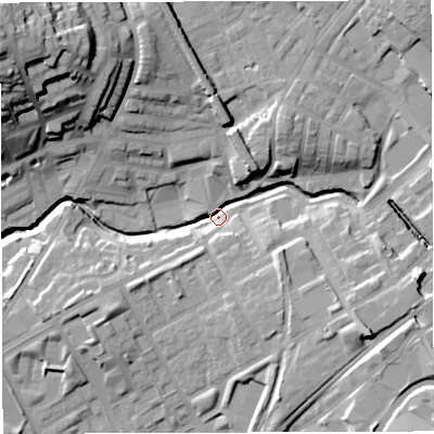 Shaded relief map of the ground around BB15EY, computed from Environment Agency LiDAR. The ground here sits at about 117 m above sea level and falls 37 m across the surrounding 800 m. Surface water reaching this point runs off ground lying to the north-east, 16.3 m higher.