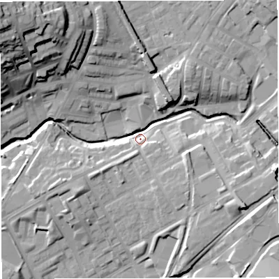 Shaded relief map of the ground around BB15JJ, computed from Environment Agency LiDAR. The ground here sits at about 118 m above sea level and falls 39 m across the surrounding 800 m. Surface water reaching this point runs off ground lying to the north-east, 14.9 m higher.