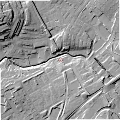 Shaded relief map of the ground around BB15JL, computed from Environment Agency LiDAR. The ground here sits at about 117 m above sea level and falls 31 m across the surrounding 800 m. Surface water reaching this point runs off ground lying to the north-east, 17.5 m higher.