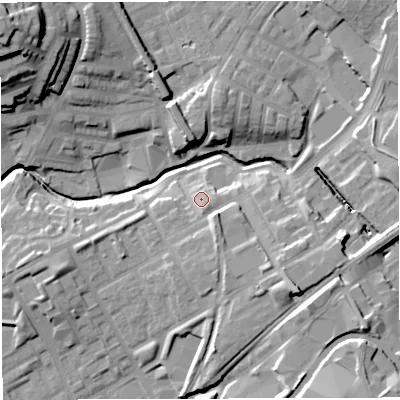 Shaded relief map of the ground around BB15JN, computed from Environment Agency LiDAR. The ground here sits at about 121 m above sea level and falls 31 m across the surrounding 800 m. Surface water reaching this point runs off ground lying to the south, 2.9 m higher.