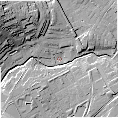 Shaded relief map of the ground around BB15LZ, computed from Environment Agency LiDAR. The ground here sits at about 115 m above sea level and falls 46 m across the surrounding 800 m. Surface water reaching this point runs off ground lying to the north, 16.5 m higher.