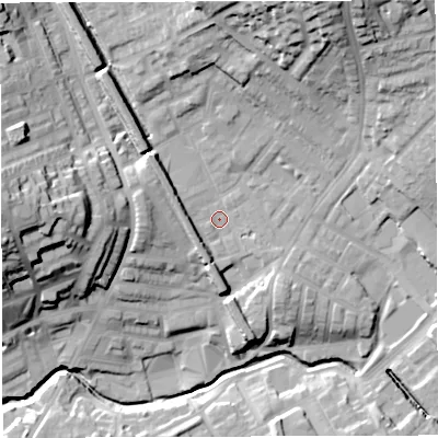 Shaded relief map of the ground around BB15NJ, computed from Environment Agency LiDAR. The ground here sits at about 124 m above sea level and falls 36 m across the surrounding 800 m. Surface water reaching this point runs off ground lying to the west-south-west, 4.6 m higher.