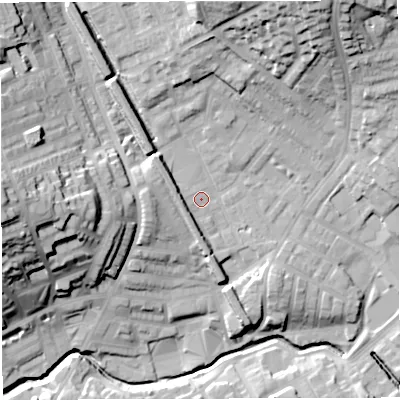 Shaded relief map of the ground around BB15NL, computed from Environment Agency LiDAR. The ground here sits at about 124 m above sea level and falls 39 m across the surrounding 800 m. Surface water reaching this point runs off ground lying to the west-south-west, 4.8 m higher.