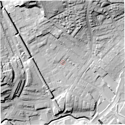Shaded relief map of the ground around BB15NP, computed from Environment Agency LiDAR. The ground here sits at about 123 m above sea level and falls 42 m across the surrounding 800 m. Surface water reaching this point runs off ground lying to the north, 31.4 m higher.