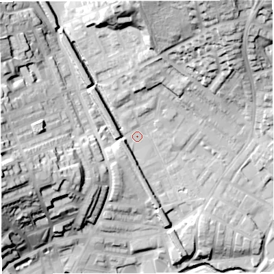 Shaded relief map of the ground around BB15NQ, computed from Environment Agency LiDAR. The ground here sits at about 124 m above sea level and falls 42 m across the surrounding 800 m. Surface water reaching this point runs off ground lying to the north-north-east, 32.6 m higher.