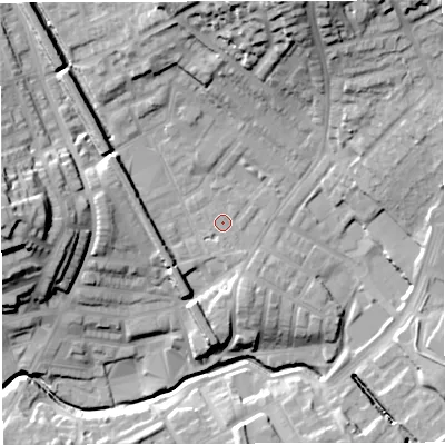 Shaded relief map of the ground around BB15NR, computed from Environment Agency LiDAR. The ground here sits at about 124 m above sea level and falls 35 m across the surrounding 800 m. Surface water reaching this point runs off ground lying to the south, 1.4 m higher.