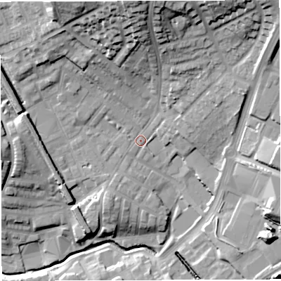 Shaded relief map of the ground around BB15PD, computed from Environment Agency LiDAR. The ground here sits at about 123 m above sea level and falls 38 m across the surrounding 800 m. Surface water reaching this point runs off ground lying to the north, 28.2 m higher.