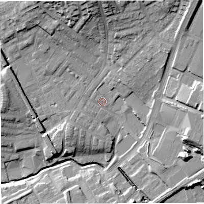 Shaded relief map of the ground around BB15PE, computed from Environment Agency LiDAR. The ground here sits at about 122 m above sea level and falls 33 m across the surrounding 800 m. Surface water reaching this point runs off ground lying to the north, 24.3 m higher.