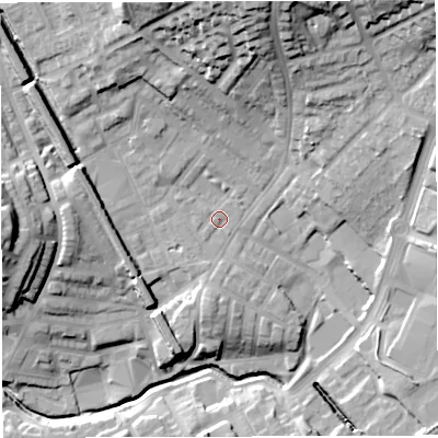 Shaded relief map of the ground around BB15PH, computed from Environment Agency LiDAR. The ground here sits at about 123 m above sea level and falls 36 m across the surrounding 800 m. Surface water reaching this point runs off ground lying to the south-south-west, 2.4 m higher.