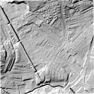 Shaded relief map of the ground around BB15PJ, computed from Environment Agency LiDAR. The ground here sits at about 122 m above sea level and falls 40 m across the surrounding 800 m. Surface water reaching this point runs off ground lying to the north, 29.9 m higher.
