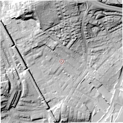 Shaded relief map of the ground around BB15PL, computed from Environment Agency LiDAR. The ground here sits at about 124 m above sea level and falls 43 m across the surrounding 800 m. Surface water reaching this point runs off ground lying to the north, 33.9 m higher.