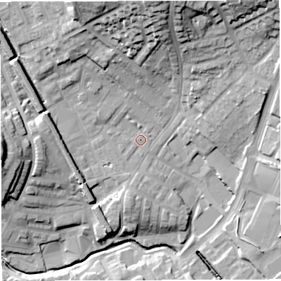 Shaded relief map of the ground around BB15PQ, computed from Environment Agency LiDAR. The ground here sits at about 123 m above sea level and falls 38 m across the surrounding 800 m. Surface water reaching this point runs off ground lying to the north, 27.8 m higher.