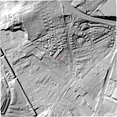 Shaded relief map of the ground around BB15PU, computed from Environment Agency LiDAR. The ground here sits at about 132 m above sea level and falls 43 m across the surrounding 800 m. Surface water reaching this point runs off ground lying to the north-north-east, 16.2 m higher.