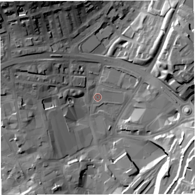Shaded relief map of the ground around BB16AD, computed from Environment Agency LiDAR. The ground here sits at about 110 m above sea level and falls 32 m across the surrounding 800 m. Surface water reaching this point runs off ground lying to the north-west, 28.1 m higher.