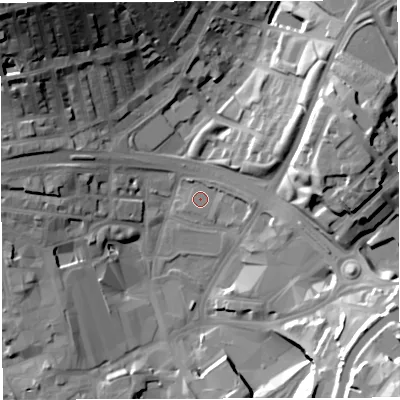 Shaded relief map of the ground around BB16AF, computed from Environment Agency LiDAR. The ground here sits at about 110 m above sea level and falls 39 m across the surrounding 800 m. Surface water reaching this point runs off ground lying to the east-north-east, 2.0 m higher.