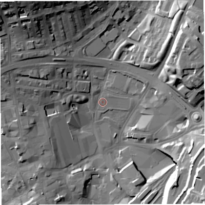 Shaded relief map of the ground around BB16AG, computed from Environment Agency LiDAR. The ground here sits at about 110 m above sea level and falls 33 m across the surrounding 800 m. Surface water reaching this point runs off ground lying to the north-west, 28.5 m higher.
