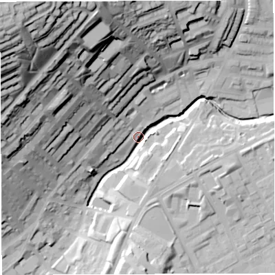 Shaded relief map of the ground around BB16AP, computed from Environment Agency LiDAR. The ground here sits at about 115 m above sea level and falls 76 m across the surrounding 800 m. Surface water reaching this point runs off ground lying to the north-north-west, 65.2 m higher.