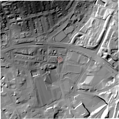 Shaded relief map of the ground around BB16AR, computed from Environment Agency LiDAR. The ground here sits at about 111 m above sea level and falls 41 m across the surrounding 800 m. Surface water reaching this point runs off ground lying to the west-north-west, 10.3 m higher.