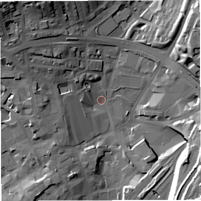 Shaded relief map of the ground around BB16AS, computed from Environment Agency LiDAR. The ground here sits at about 109 m above sea level and falls 30 m across the surrounding 800 m. Surface water reaching this point runs off ground lying to the north-west, 26.8 m higher.
