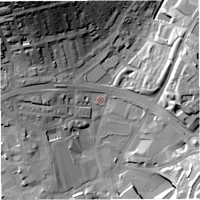 Shaded relief map of the ground around BB16AY, computed from Environment Agency LiDAR. The ground here sits at about 110 m above sea level and falls 48 m across the surrounding 800 m. Surface water reaching this point runs off ground lying to the west-north-west, 15.7 m higher.