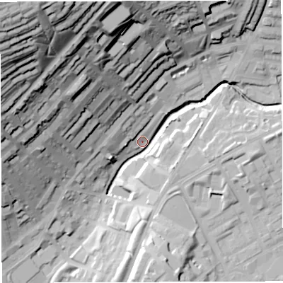 Shaded relief map of the ground around BB16DG, computed from Environment Agency LiDAR. The ground here sits at about 113 m above sea level and falls 78 m across the surrounding 800 m. Surface water reaching this point runs off ground lying to the north-west, 72.9 m higher.