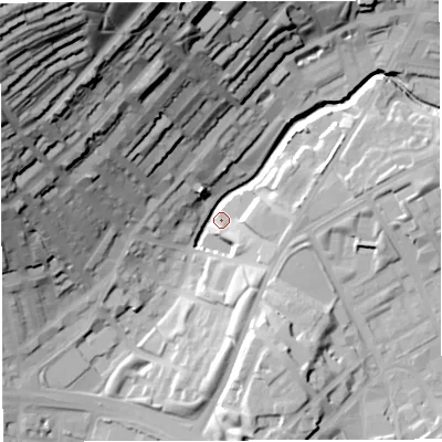 Shaded relief map of the ground around BB16DT, computed from Environment Agency LiDAR. The ground here sits at about 114 m above sea level and falls 73 m across the surrounding 800 m. Surface water reaching this point runs off ground lying to the north-north-west, 58.1 m higher.