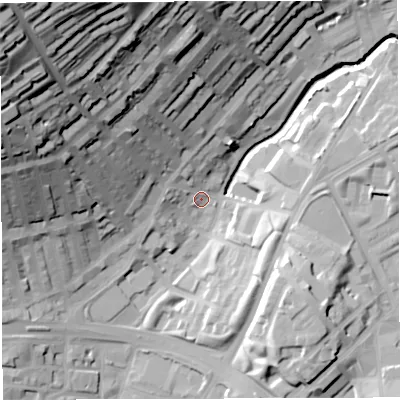 Shaded relief map of the ground around BB16DZ, computed from Environment Agency LiDAR. The ground here sits at about 114 m above sea level and falls 74 m across the surrounding 800 m. Surface water reaching this point runs off ground lying to the north-west, 69.9 m higher.