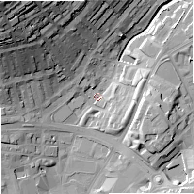 Shaded relief map of the ground around BB16EW, computed from Environment Agency LiDAR. The ground here sits at about 111 m above sea level and falls 66 m across the surrounding 800 m. Surface water reaching this point runs off ground lying to the north-west, 62.6 m higher.