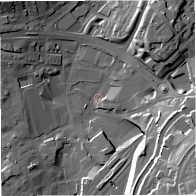 Shaded relief map of the ground around BB16HL, computed from Environment Agency LiDAR. The ground here sits at about 109 m above sea level and falls 37 m across the surrounding 800 m. Surface water reaching this point runs off ground lying to the east-south-east, 23.1 m higher.