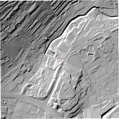 Shaded relief map of the ground around BB16JE, computed from Environment Agency LiDAR. The ground here sits at about 119 m above sea level and falls 59 m across the surrounding 800 m. Surface water reaching this point runs off ground lying to the south-south-east, 12.5 m higher.