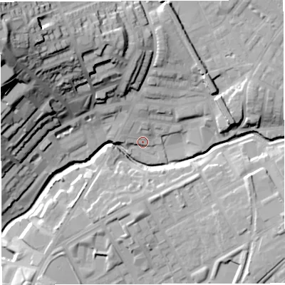 Shaded relief map of the ground around BB16JQ, computed from Environment Agency LiDAR. The ground here sits at about 117 m above sea level and falls 56 m across the surrounding 800 m. Surface water reaching this point runs off ground lying to the north, 8.6 m higher.