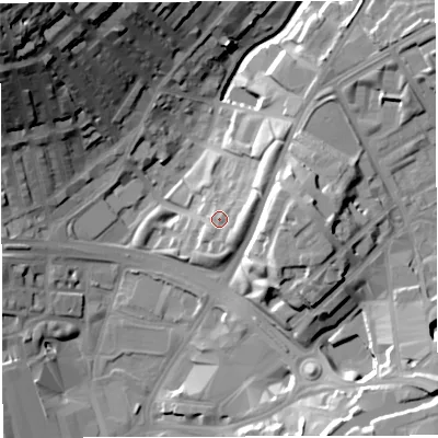 Shaded relief map of the ground around BB16LE, computed from Environment Agency LiDAR. The ground here sits at about 118 m above sea level and falls 50 m across the surrounding 800 m. Surface water reaching this point runs off ground lying to the east-north-east, 6.4 m higher.